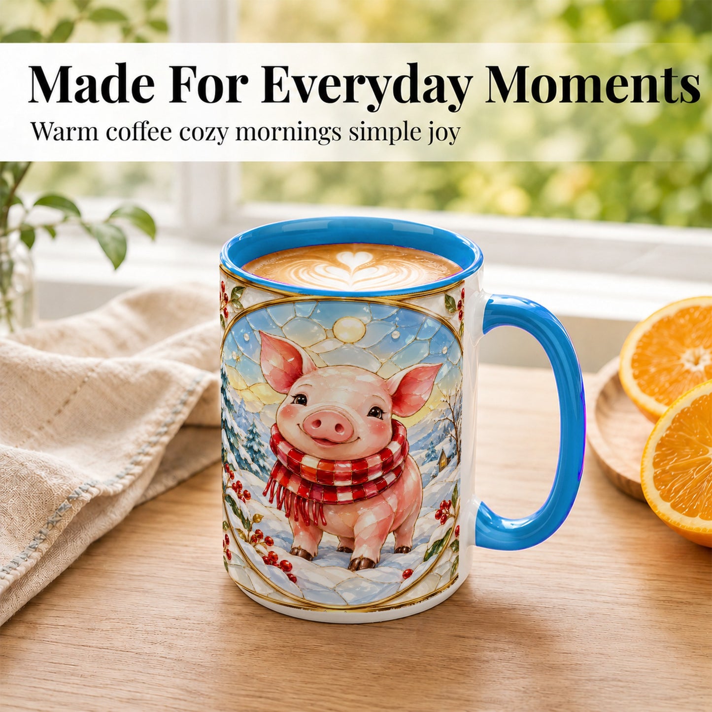 #pl[15oz|Blue] Winter Pig Coffee Mug, Stained Glass Pig Mug, Ceramic Cup
