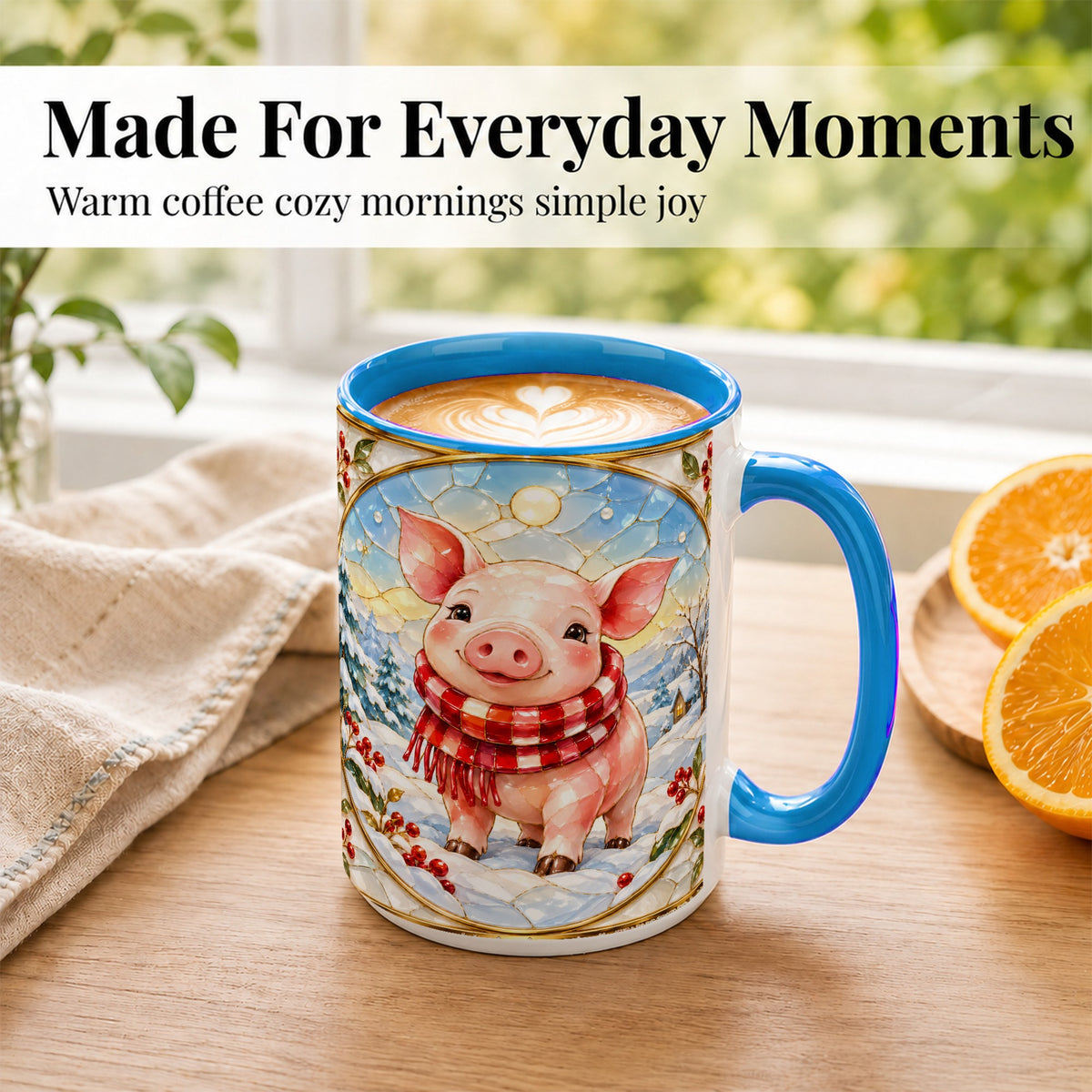 #pl[15oz|Blue] Winter Pig Coffee Mug, Stained Glass Pig Mug, Ceramic Cup