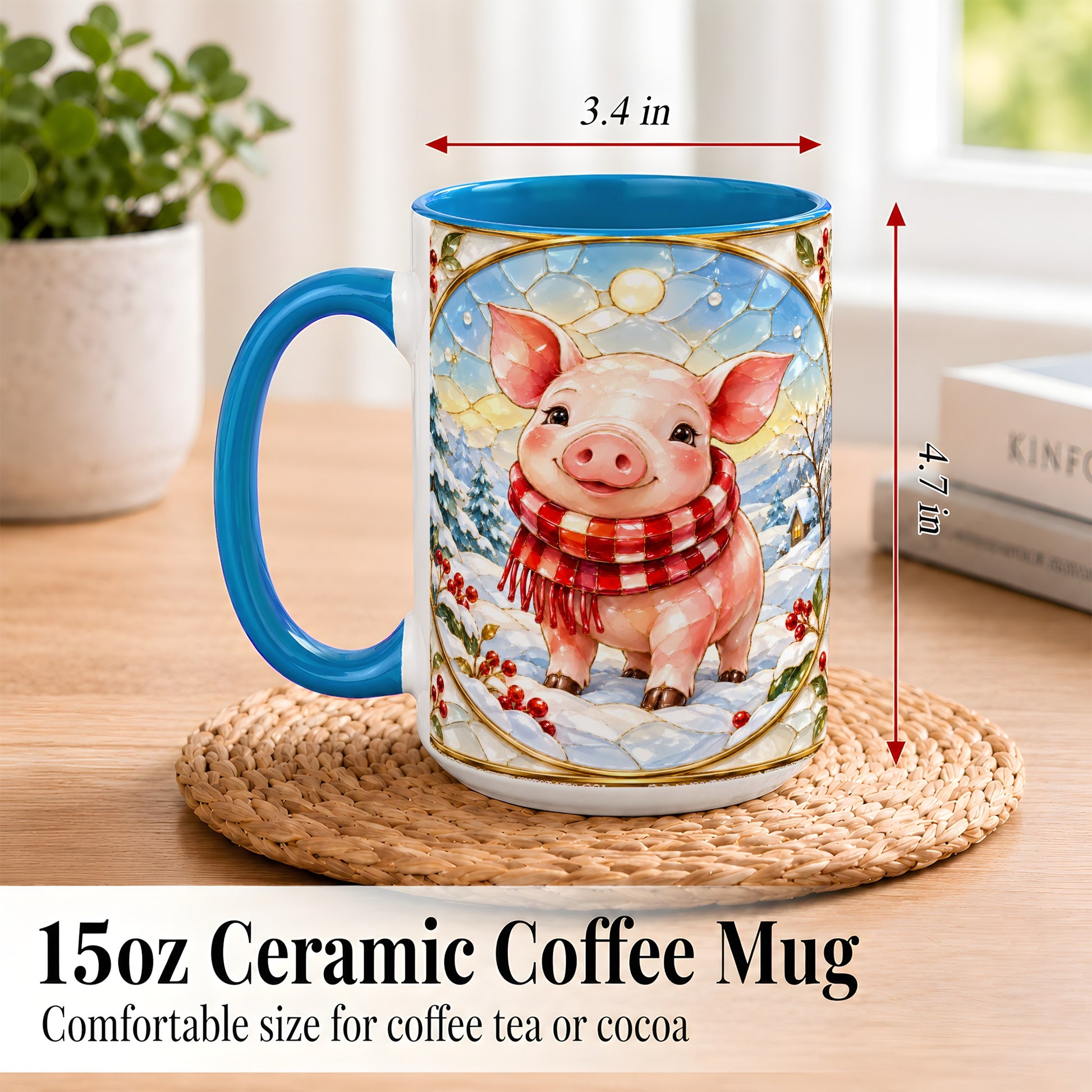 #pl[15oz|Blue] Winter Pig Coffee Mug, Stained Glass Pig Mug, Ceramic Cup