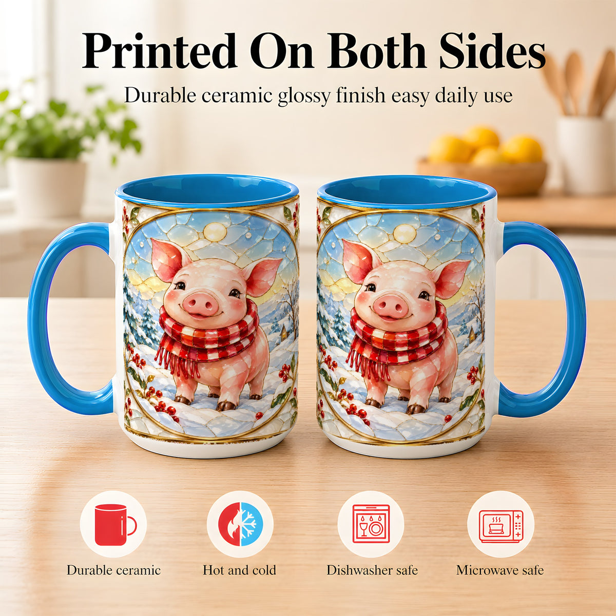 #pl[15oz|Blue] Winter Pig Coffee Mug, Stained Glass Pig Mug, Ceramic Cup