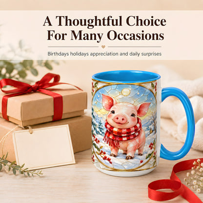 #pl[15oz|Blue] Winter Pig Coffee Mug, Stained Glass Pig Mug, Ceramic Cup
