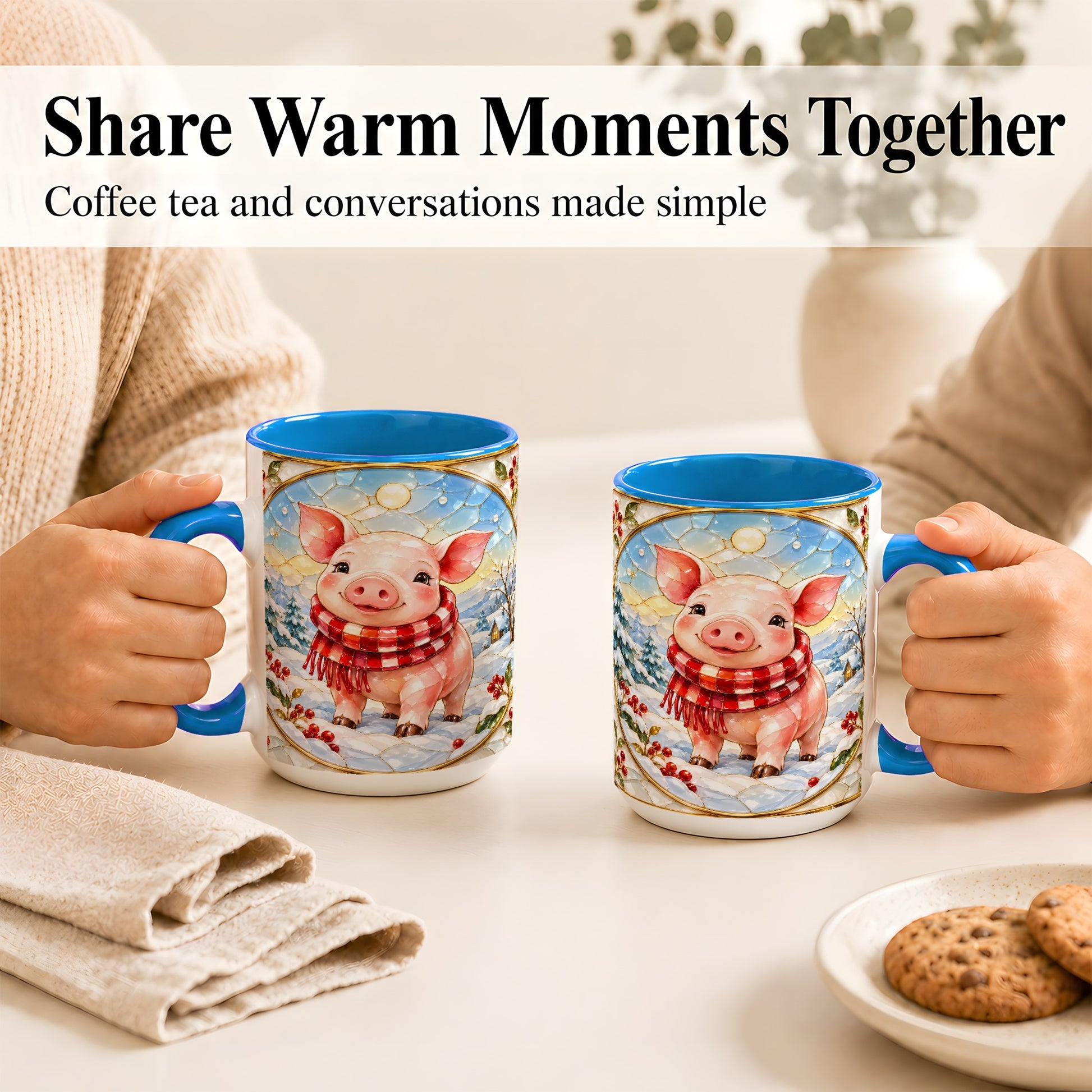 #pl[15oz|Blue] Winter Pig Coffee Mug, Stained Glass Pig Mug, Ceramic Cup