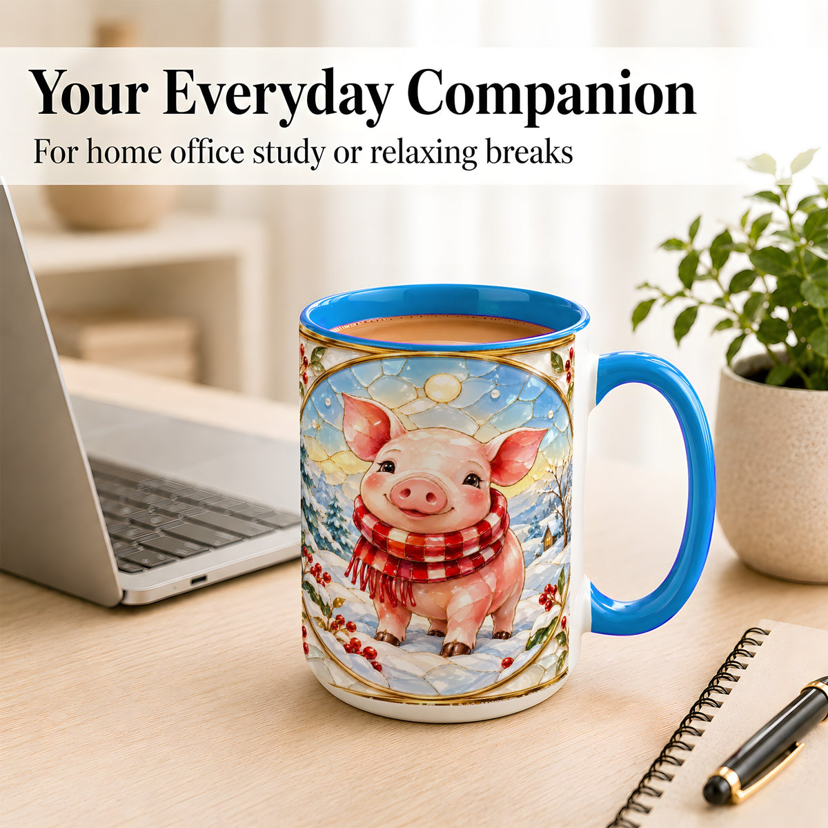 #pl[15oz|Blue] Winter Pig Coffee Mug, Stained Glass Pig Mug, Ceramic Cup