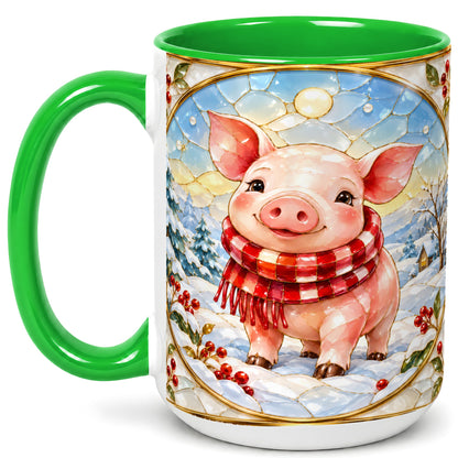 #pl[15oz|Green] Winter Pig Coffee Mug, Stained Glass Pig Mug, Ceramic Cup