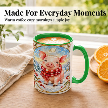 #pl[15oz|Green] Winter Pig Coffee Mug, Stained Glass Pig Mug, Ceramic Cup