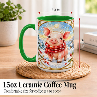 #pl[15oz|Green] Winter Pig Coffee Mug, Stained Glass Pig Mug, Ceramic Cup
