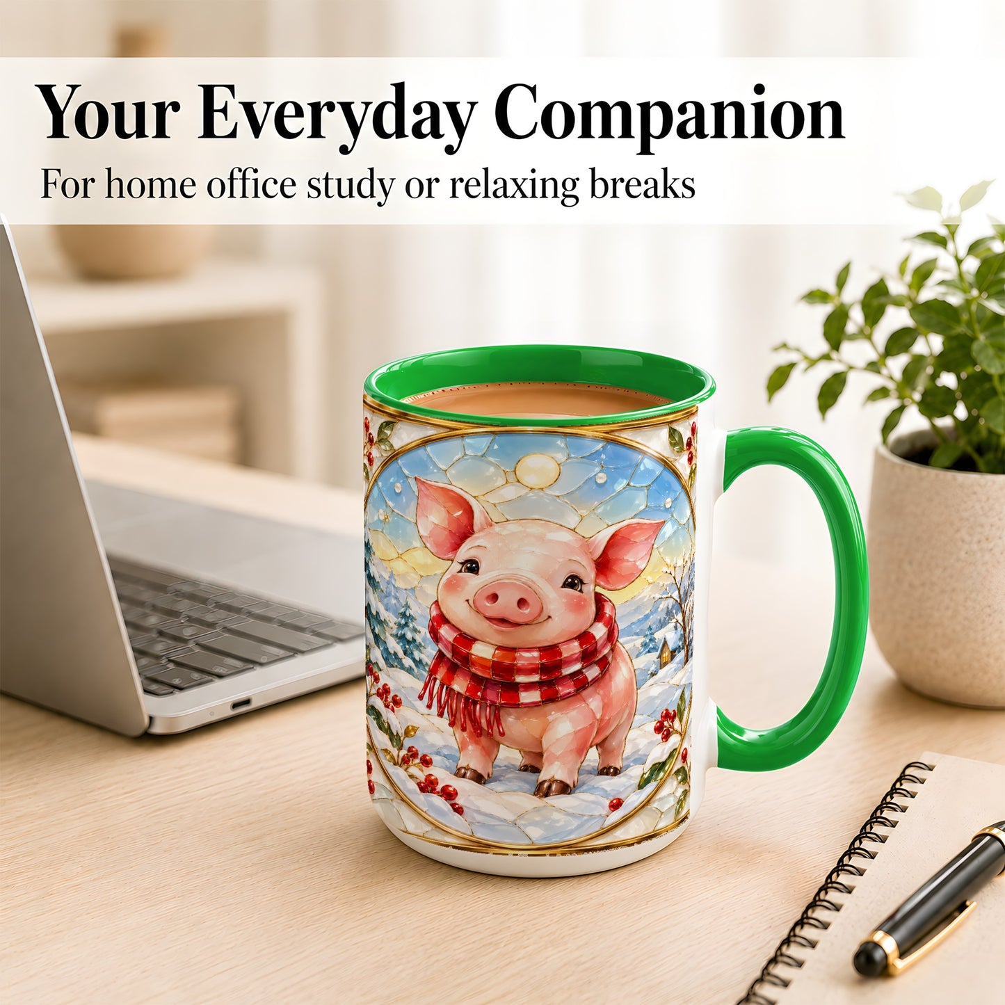 #pl[15oz|Green] Winter Pig Coffee Mug, Stained Glass Pig Mug, Ceramic Cup