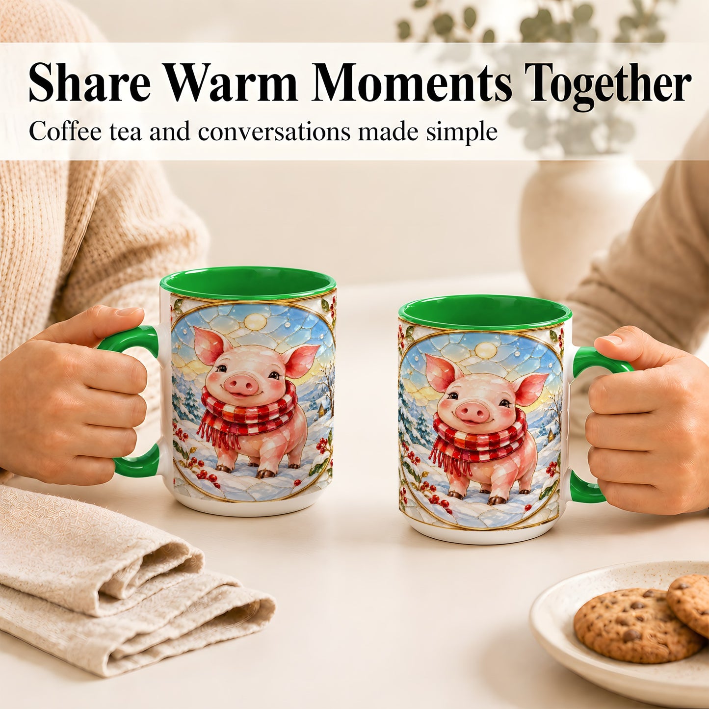 #pl[15oz|Green] Winter Pig Coffee Mug, Stained Glass Pig Mug, Ceramic Cup