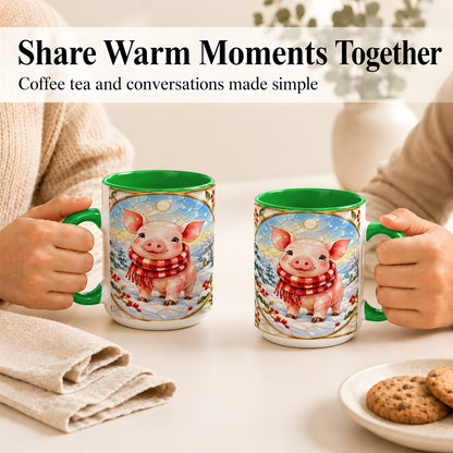 #pl[15oz|Green] Winter Pig Coffee Mug, Stained Glass Pig Mug, Ceramic Cup