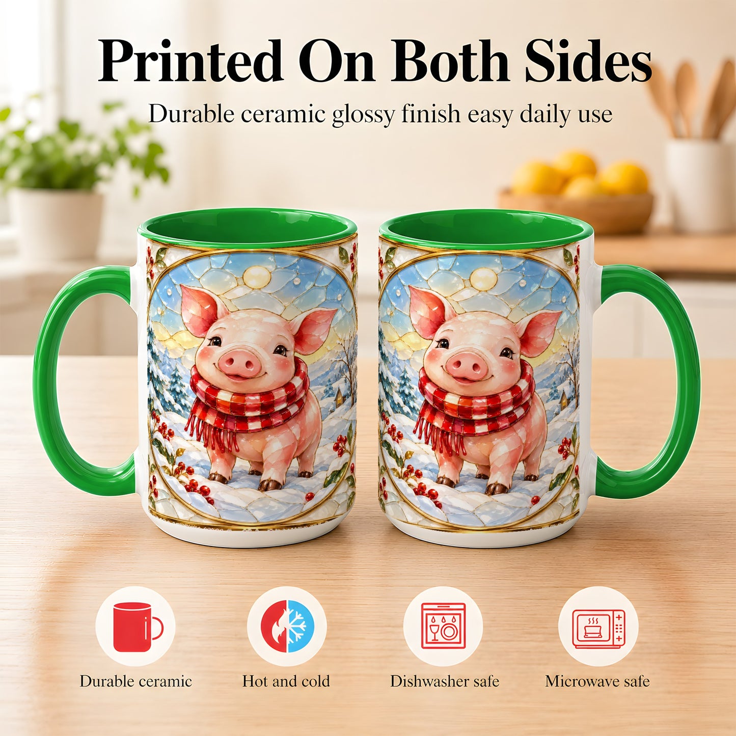 #pl[15oz|Green] Winter Pig Coffee Mug, Stained Glass Pig Mug, Ceramic Cup