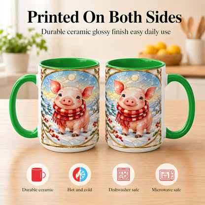 #pl[15oz|Green] Winter Pig Coffee Mug, Stained Glass Pig Mug, Ceramic Cup