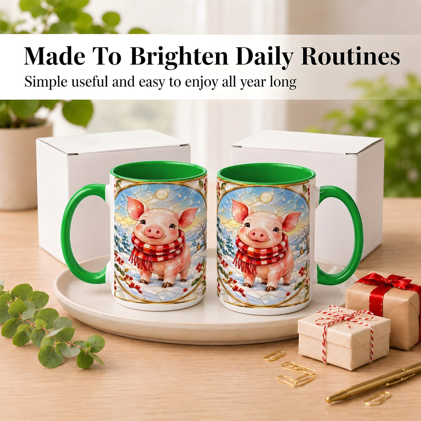 #pl[15oz|Green] Winter Pig Coffee Mug, Stained Glass Pig Mug, Ceramic Cup