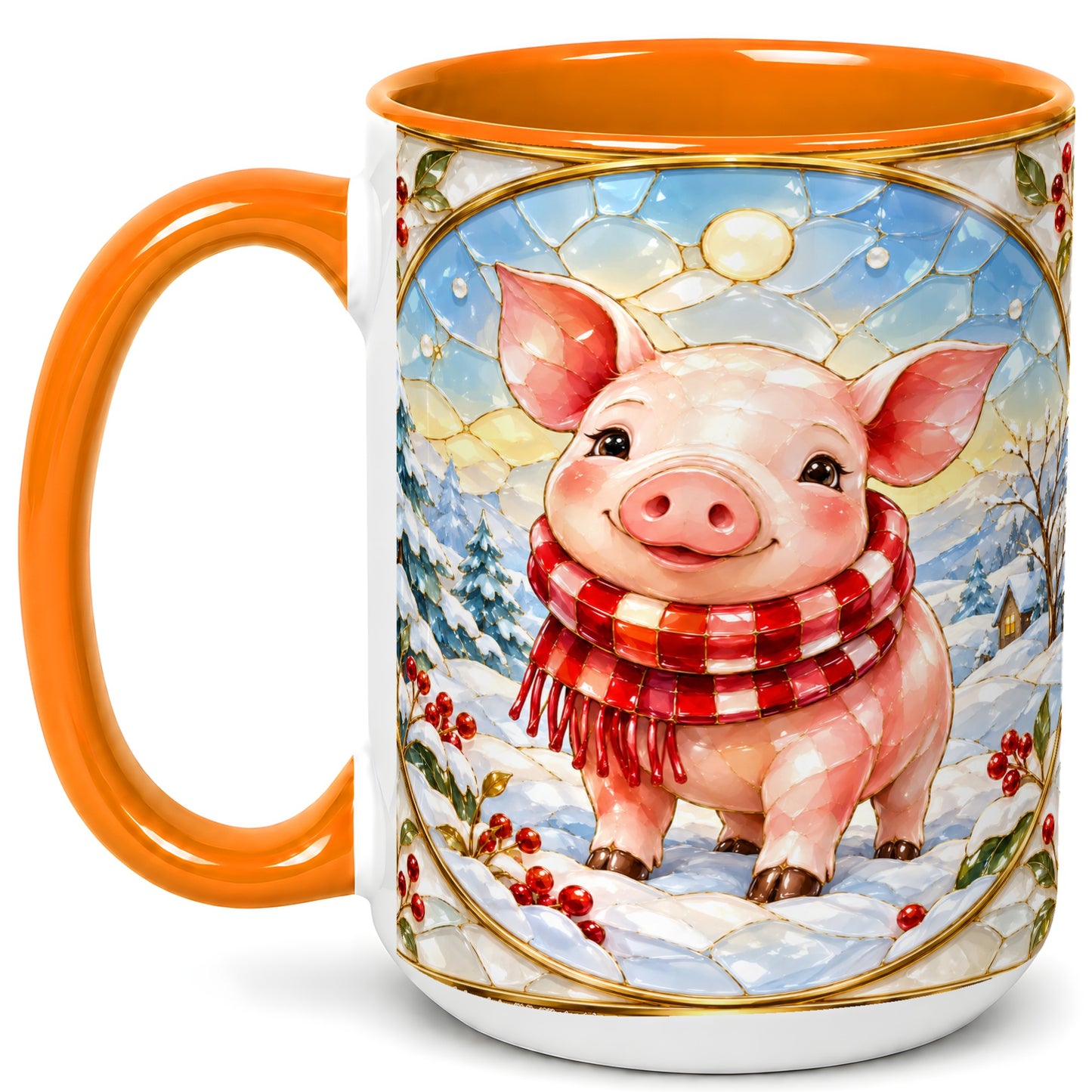 #pl[15oz|Orange] Winter Pig Coffee Mug, Stained Glass Pig Mug, Ceramic Cup