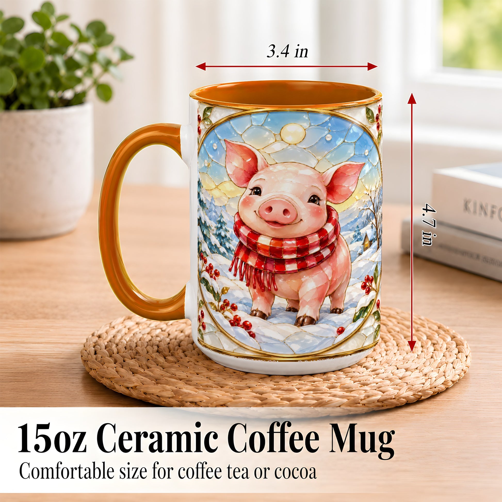 #pl[15oz|Orange] Winter Pig Coffee Mug, Stained Glass Pig Mug, Ceramic Cup