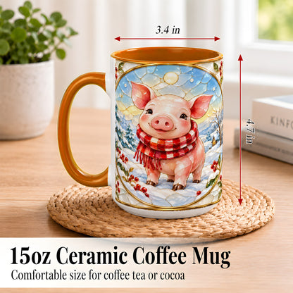 #pl[15oz|Orange] Winter Pig Coffee Mug, Stained Glass Pig Mug, Ceramic Cup