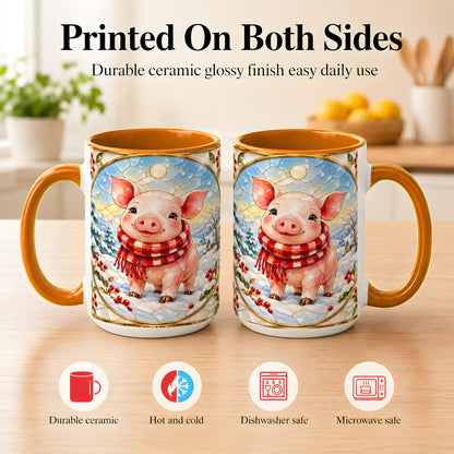 #pl[15oz|Orange] Winter Pig Coffee Mug, Stained Glass Pig Mug, Ceramic Cup