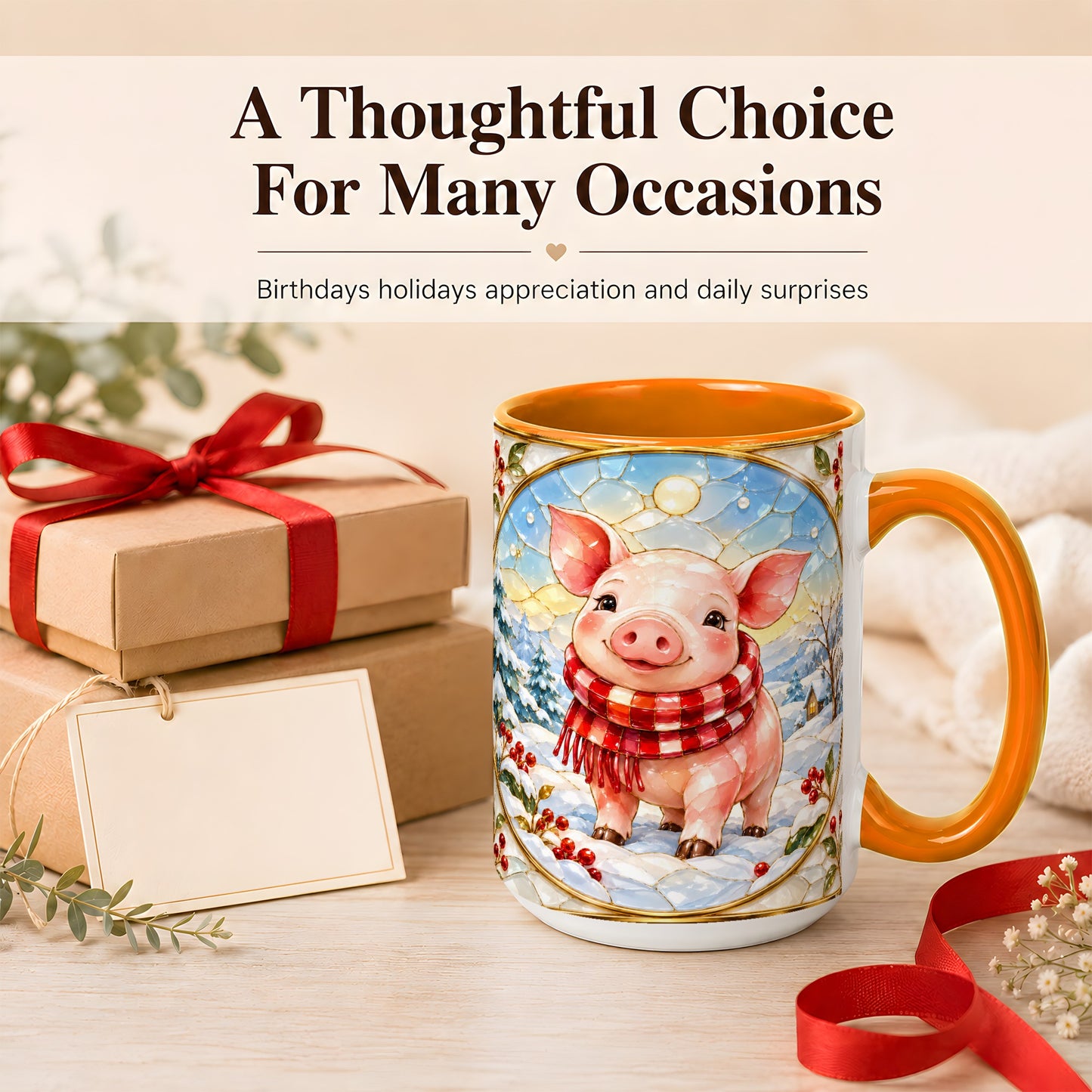 #pl[15oz|Orange] Winter Pig Coffee Mug, Stained Glass Pig Mug, Ceramic Cup