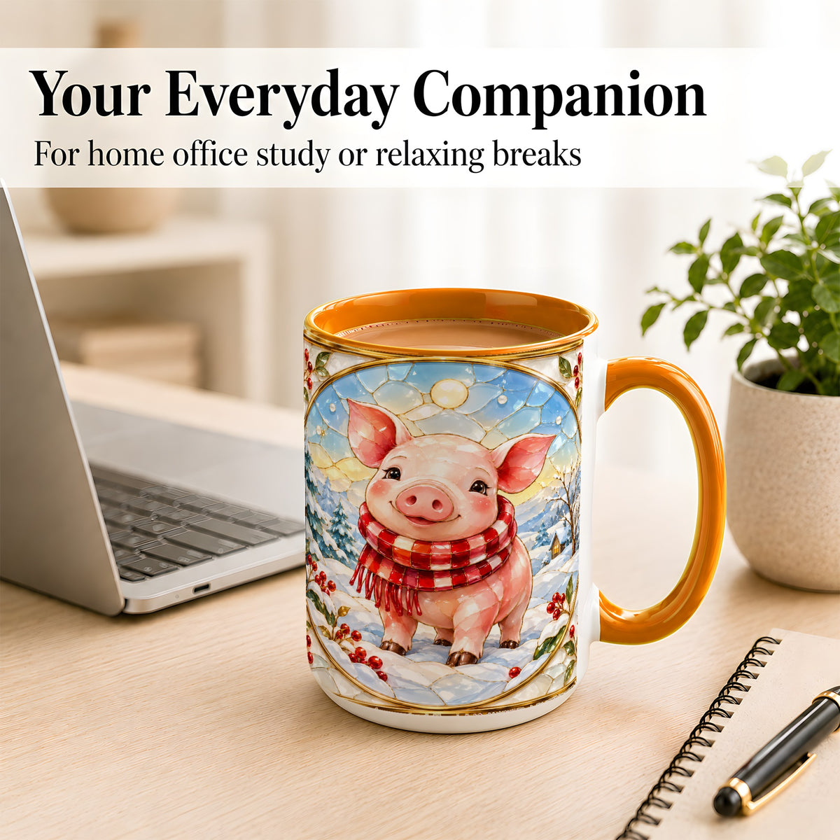 #pl[15oz|Orange] Winter Pig Coffee Mug, Stained Glass Pig Mug, Ceramic Cup