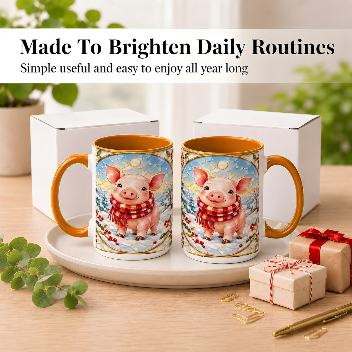 #pl[15oz|Orange] Winter Pig Coffee Mug, Stained Glass Pig Mug, Ceramic Cup