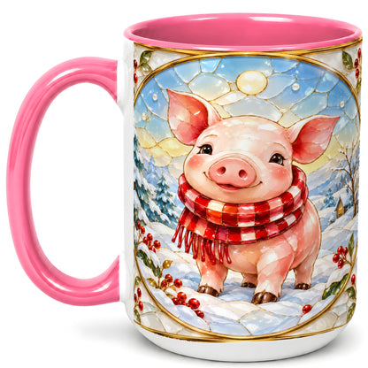 #pl[15oz|Pink] Winter Pig Coffee Mug, Stained Glass Pig Mug, Ceramic Cup