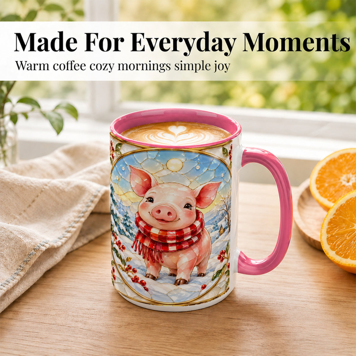 #pl[15oz|Pink] Winter Pig Coffee Mug, Stained Glass Pig Mug, Ceramic Cup