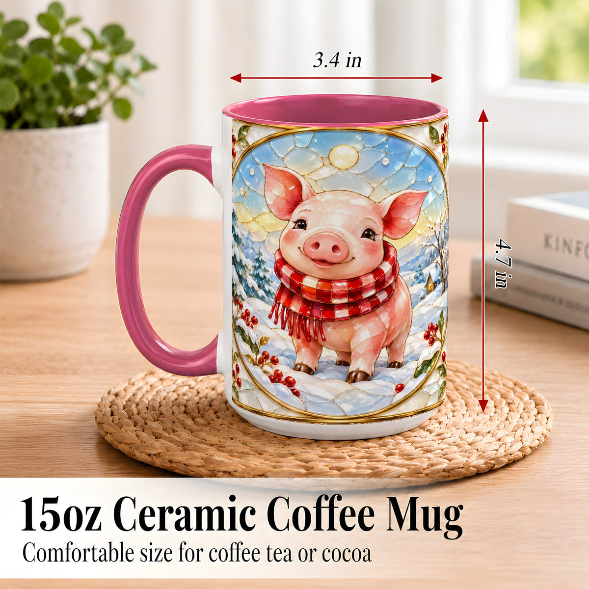 #pl[15oz|Pink] Winter Pig Coffee Mug, Stained Glass Pig Mug, Ceramic Cup