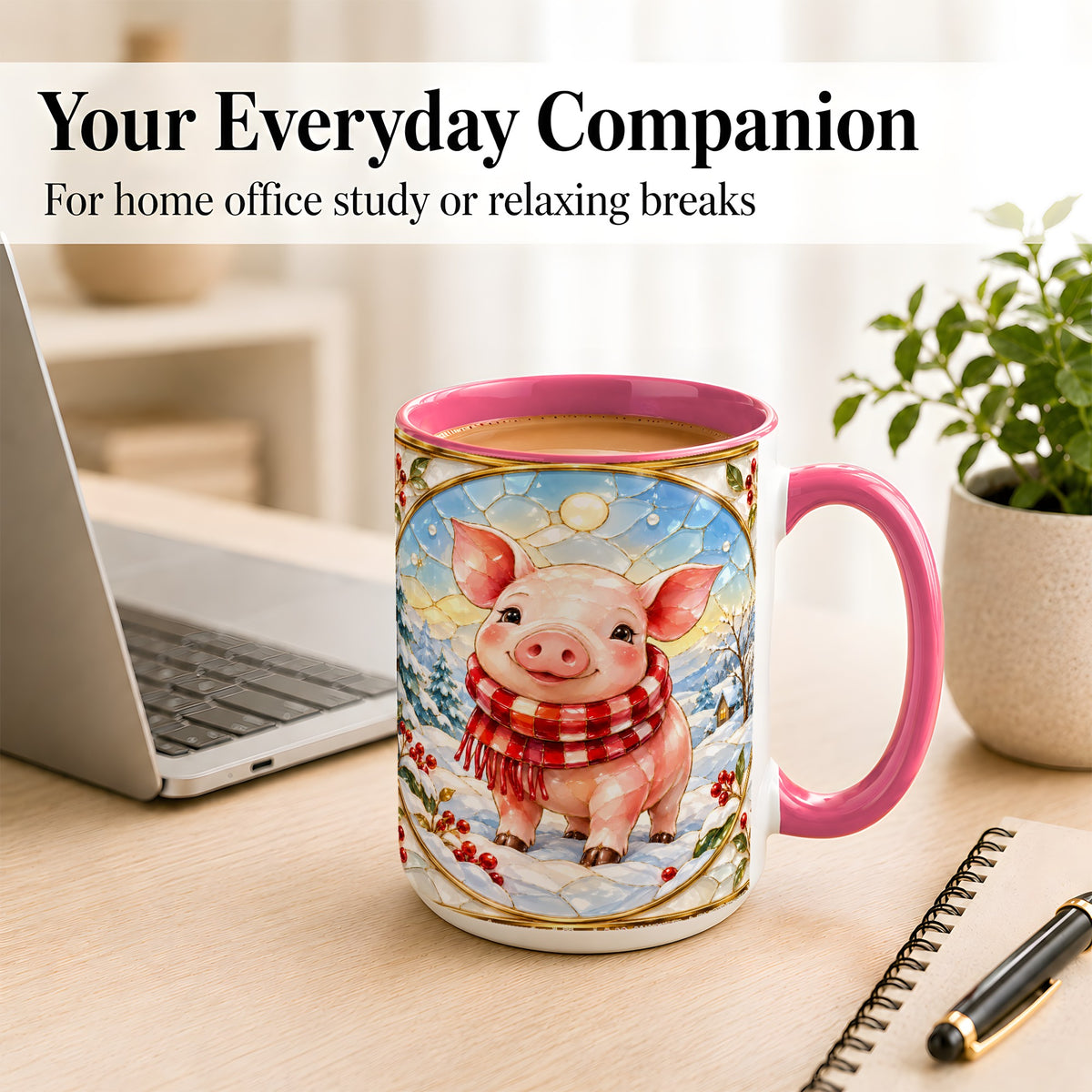 #pl[15oz|Pink] Winter Pig Coffee Mug, Stained Glass Pig Mug, Ceramic Cup