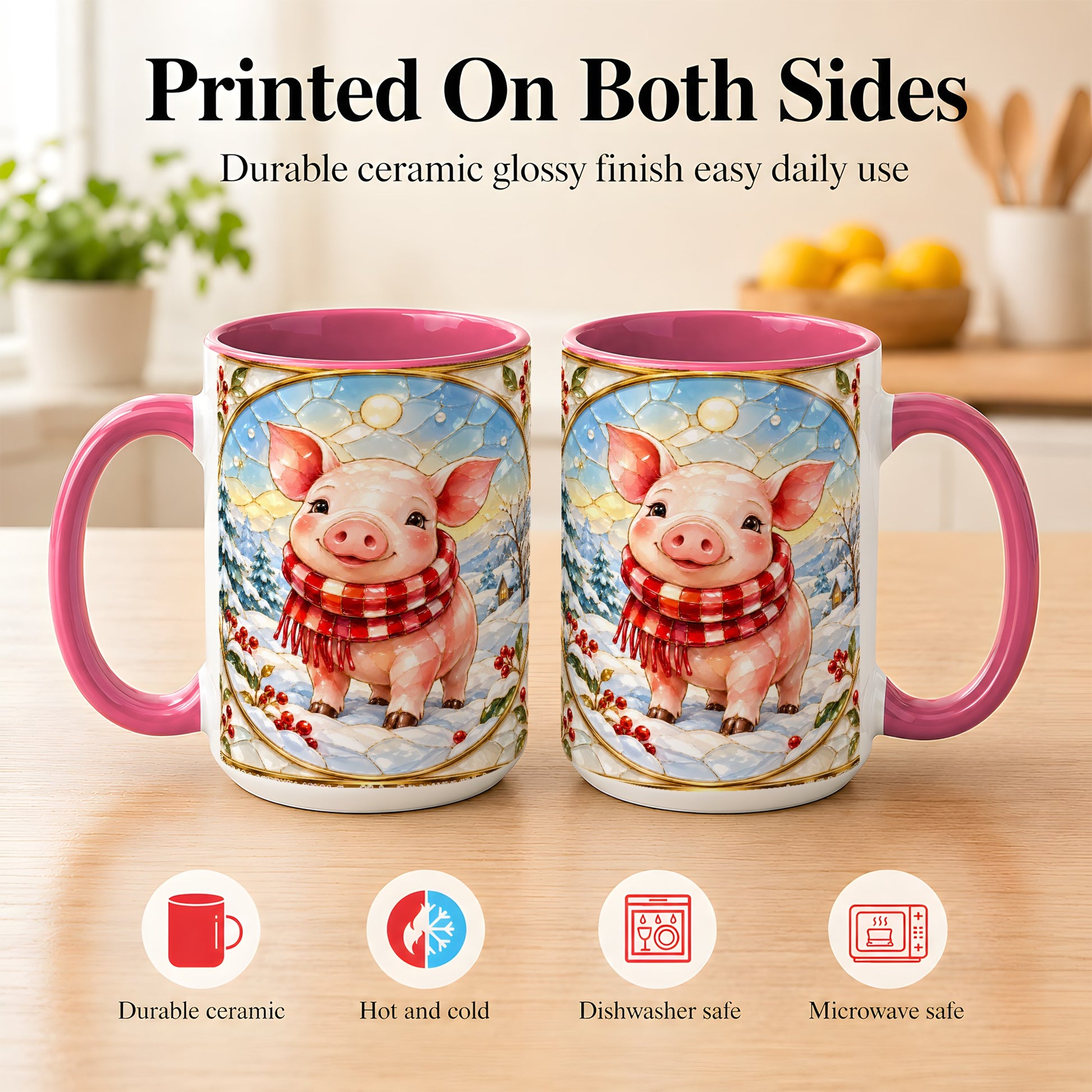 #pl[15oz|Pink] Winter Pig Coffee Mug, Stained Glass Pig Mug, Ceramic Cup