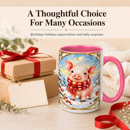 #pl[15oz|Pink] Winter Pig Coffee Mug, Stained Glass Pig Mug, Ceramic Cup