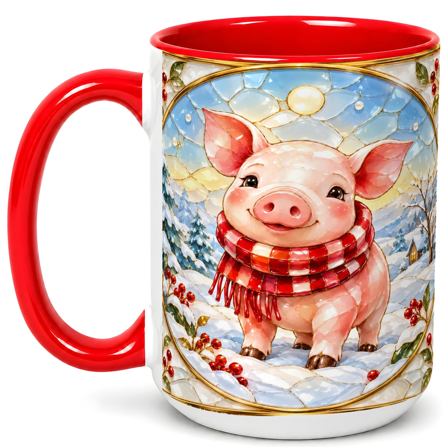#pl[15oz|Red] Winter Pig Coffee Mug, Stained Glass Pig Mug, Ceramic Cup