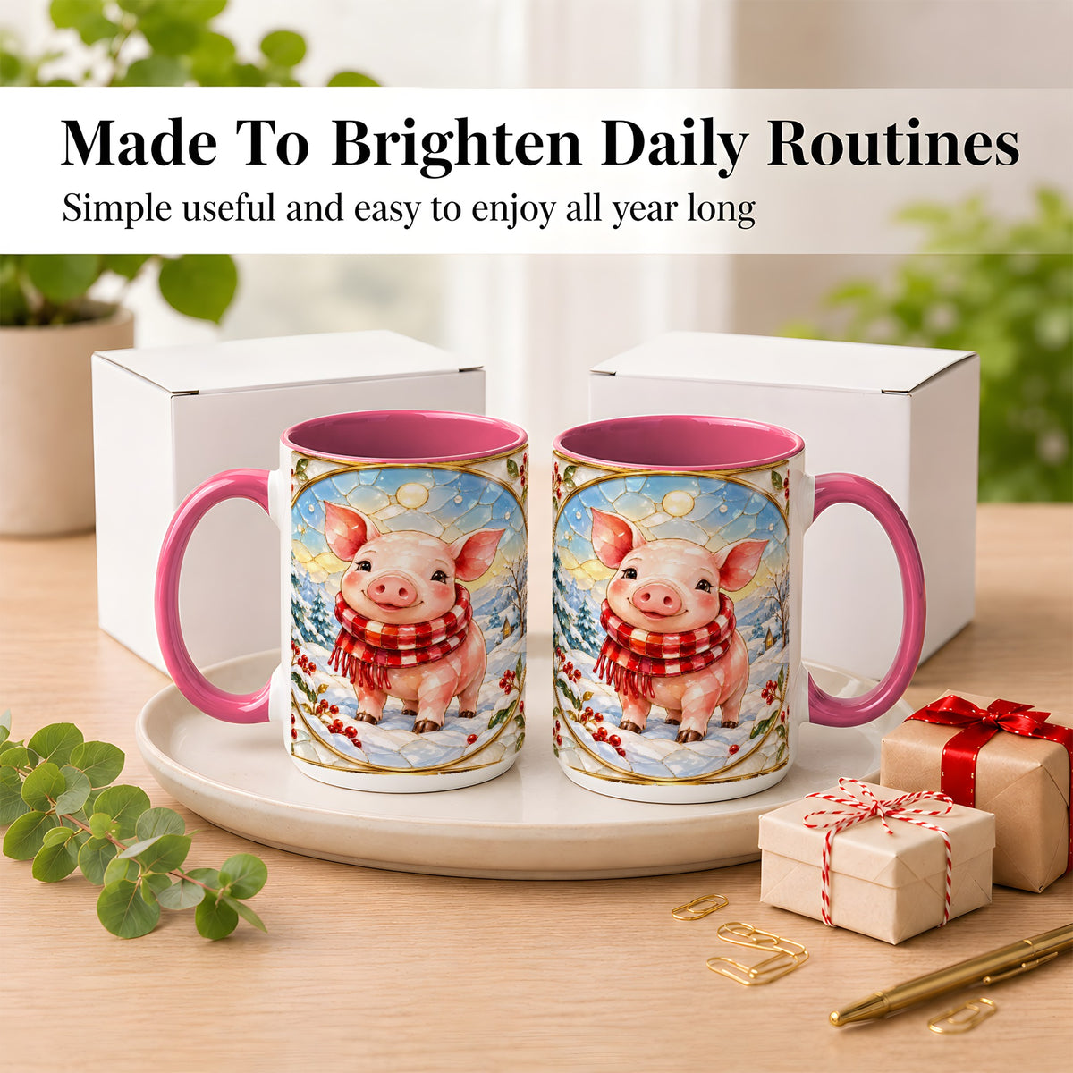 #pl[15oz|Pink] Winter Pig Coffee Mug, Stained Glass Pig Mug, Ceramic Cup