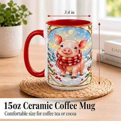 #pl[15oz|Red] Winter Pig Coffee Mug, Stained Glass Pig Mug, Ceramic Cup