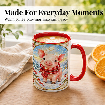 #pl[15oz|Red] Winter Pig Coffee Mug, Stained Glass Pig Mug, Ceramic Cup