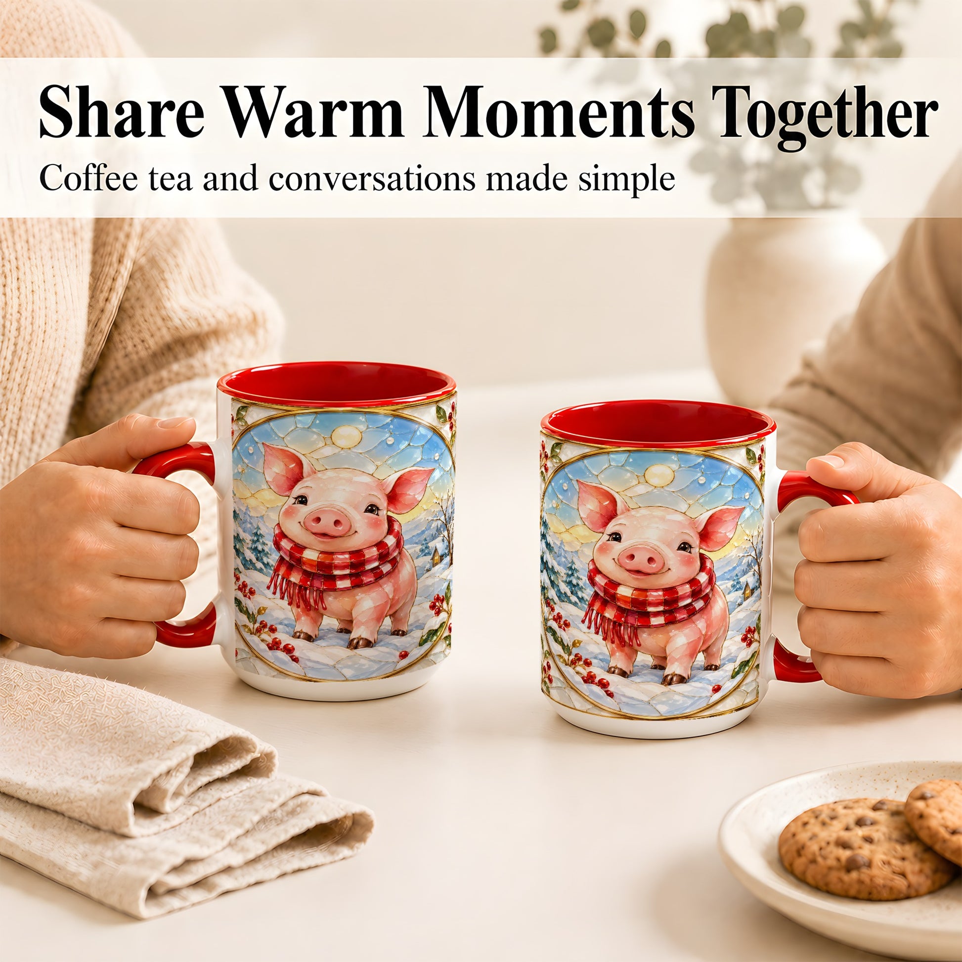 #pl[15oz|Red] Winter Pig Coffee Mug, Stained Glass Pig Mug, Ceramic Cup