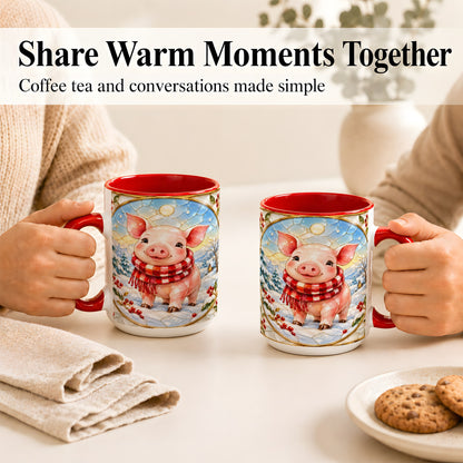 #pl[15oz|Red] Winter Pig Coffee Mug, Stained Glass Pig Mug, Ceramic Cup