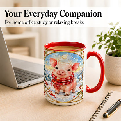 #pl[15oz|Red] Winter Pig Coffee Mug, Stained Glass Pig Mug, Ceramic Cup