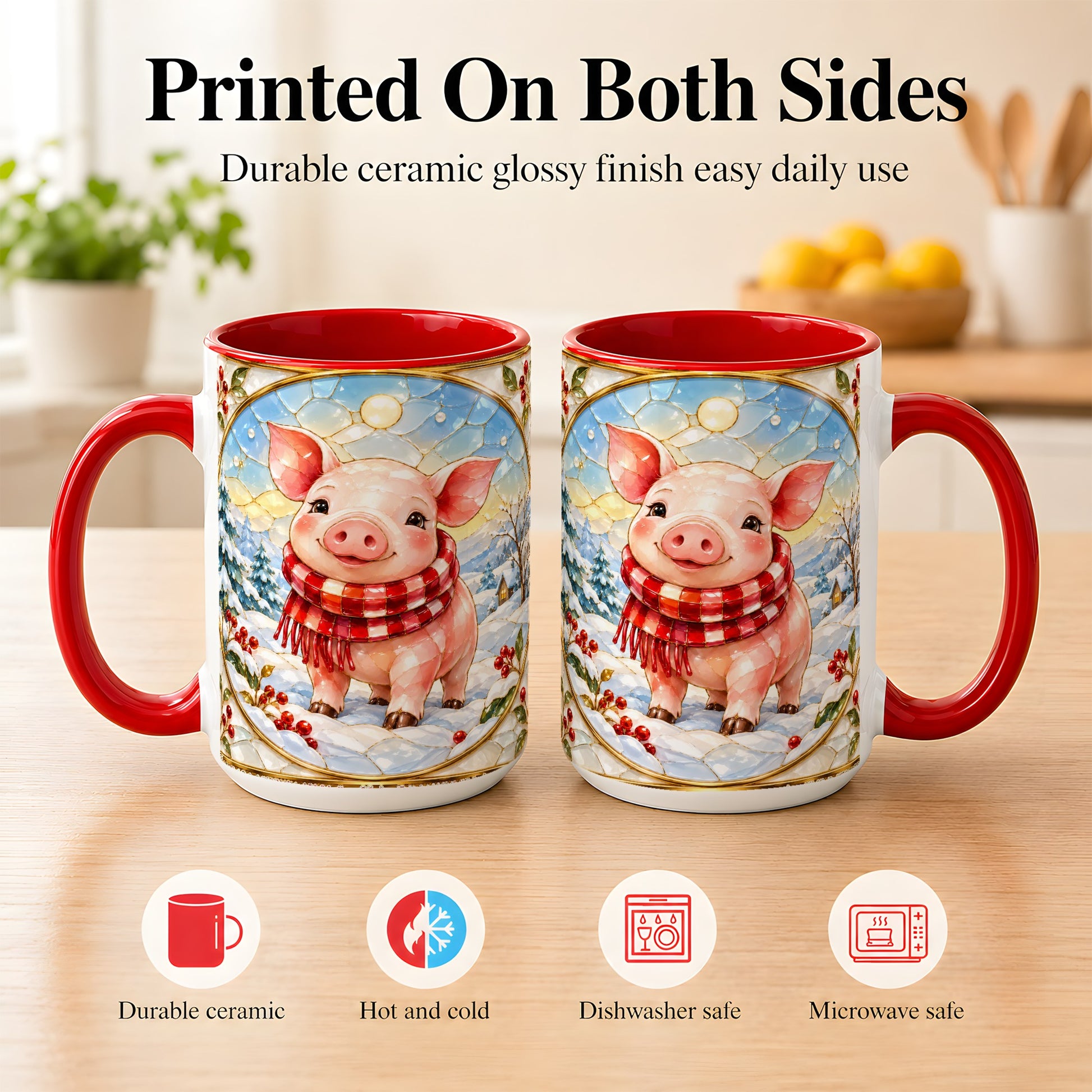 #pl[15oz|Red] Winter Pig Coffee Mug, Stained Glass Pig Mug, Ceramic Cup