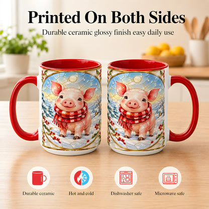 #pl[15oz|Red] Winter Pig Coffee Mug, Stained Glass Pig Mug, Ceramic Cup