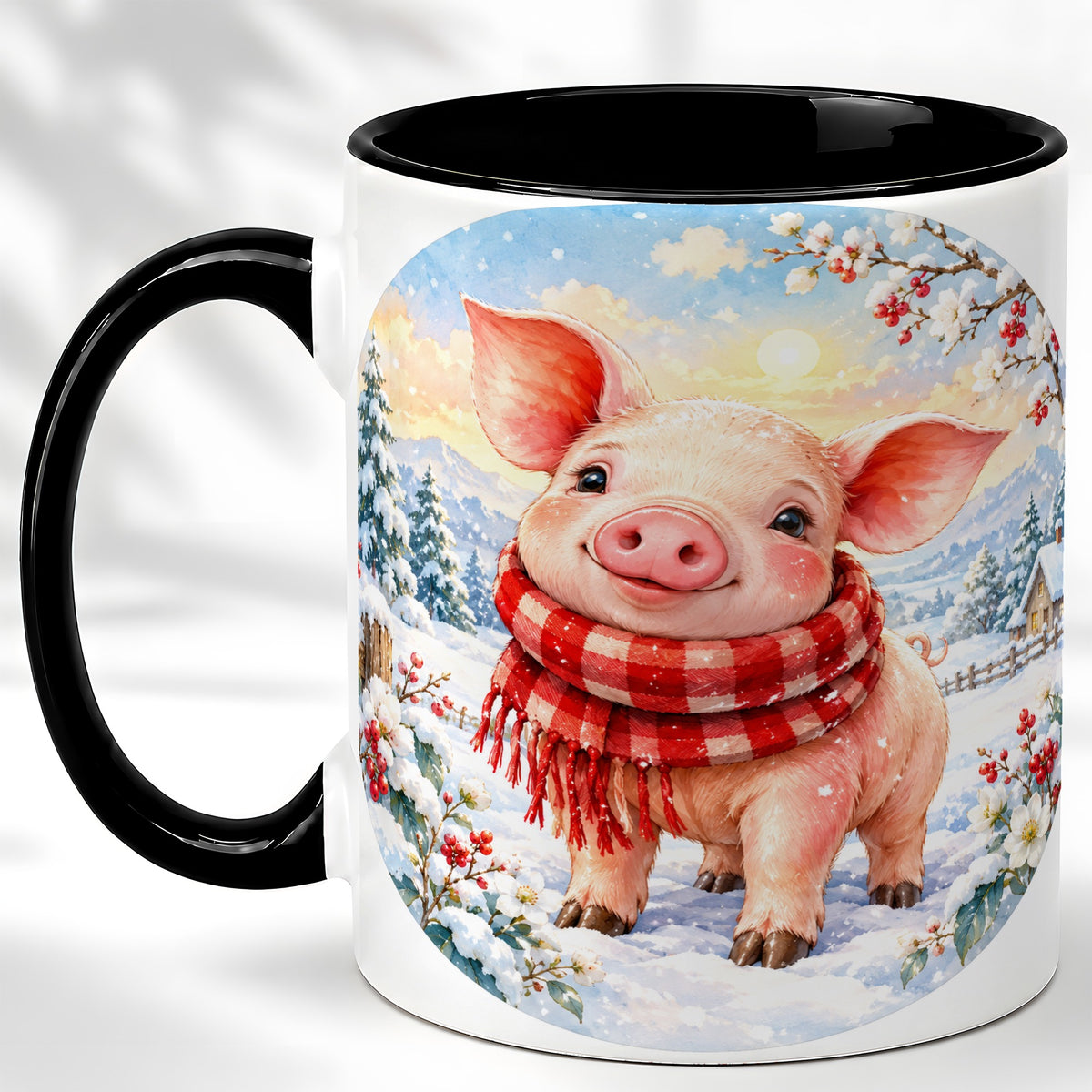 #pl[11oz|Black] Watercolor Pig Coffee Mug, Winter Pig Mug, Ceramic Cup