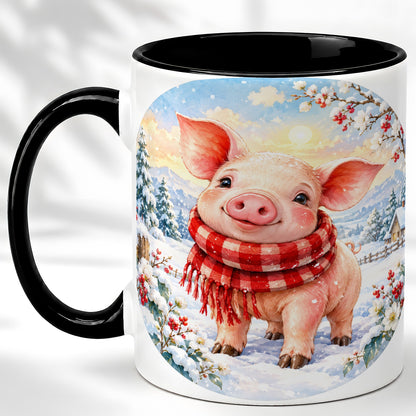 #pl[11oz|Black] Watercolor Pig Coffee Mug, Winter Pig Mug, Ceramic Cup