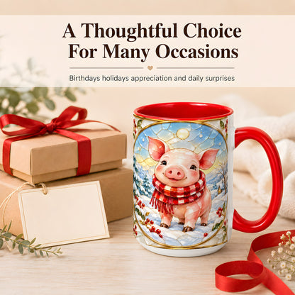 #pl[15oz|Red] Winter Pig Coffee Mug, Stained Glass Pig Mug, Ceramic Cup