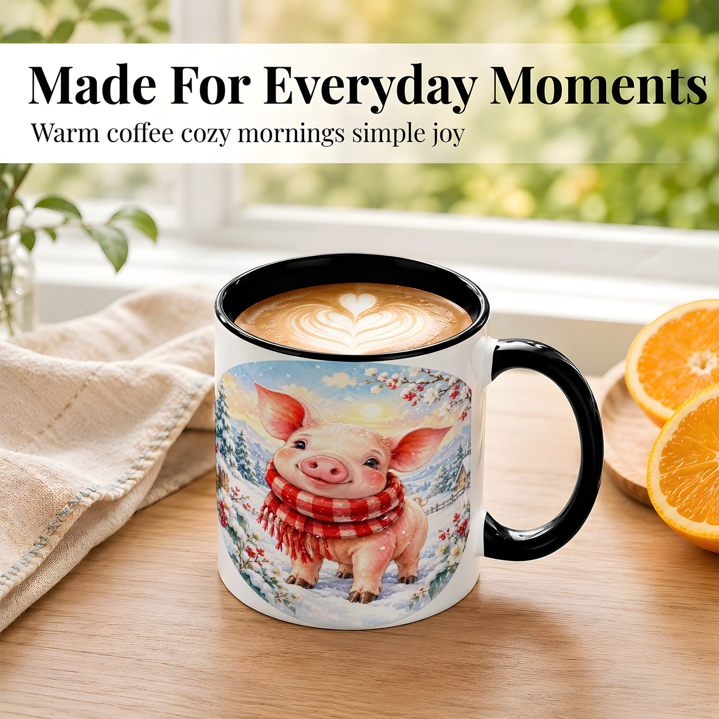 #pl[11oz|Black] Watercolor Pig Coffee Mug, Winter Pig Mug, Ceramic Cup