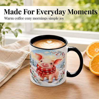 #pl[11oz|Black] Watercolor Pig Coffee Mug, Winter Pig Mug, Ceramic Cup