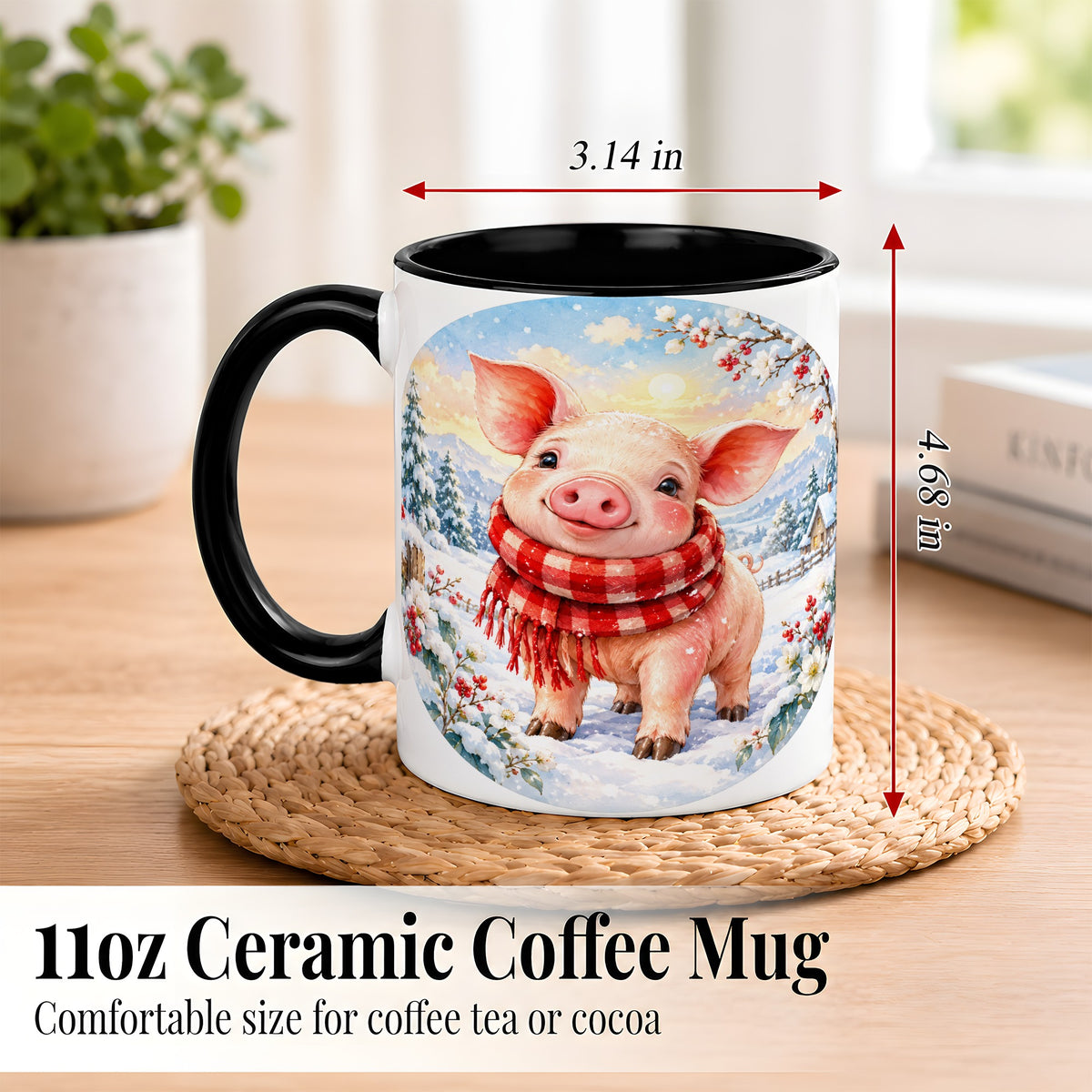 #pl[11oz|Black] Watercolor Pig Coffee Mug, Winter Pig Mug, Ceramic Cup