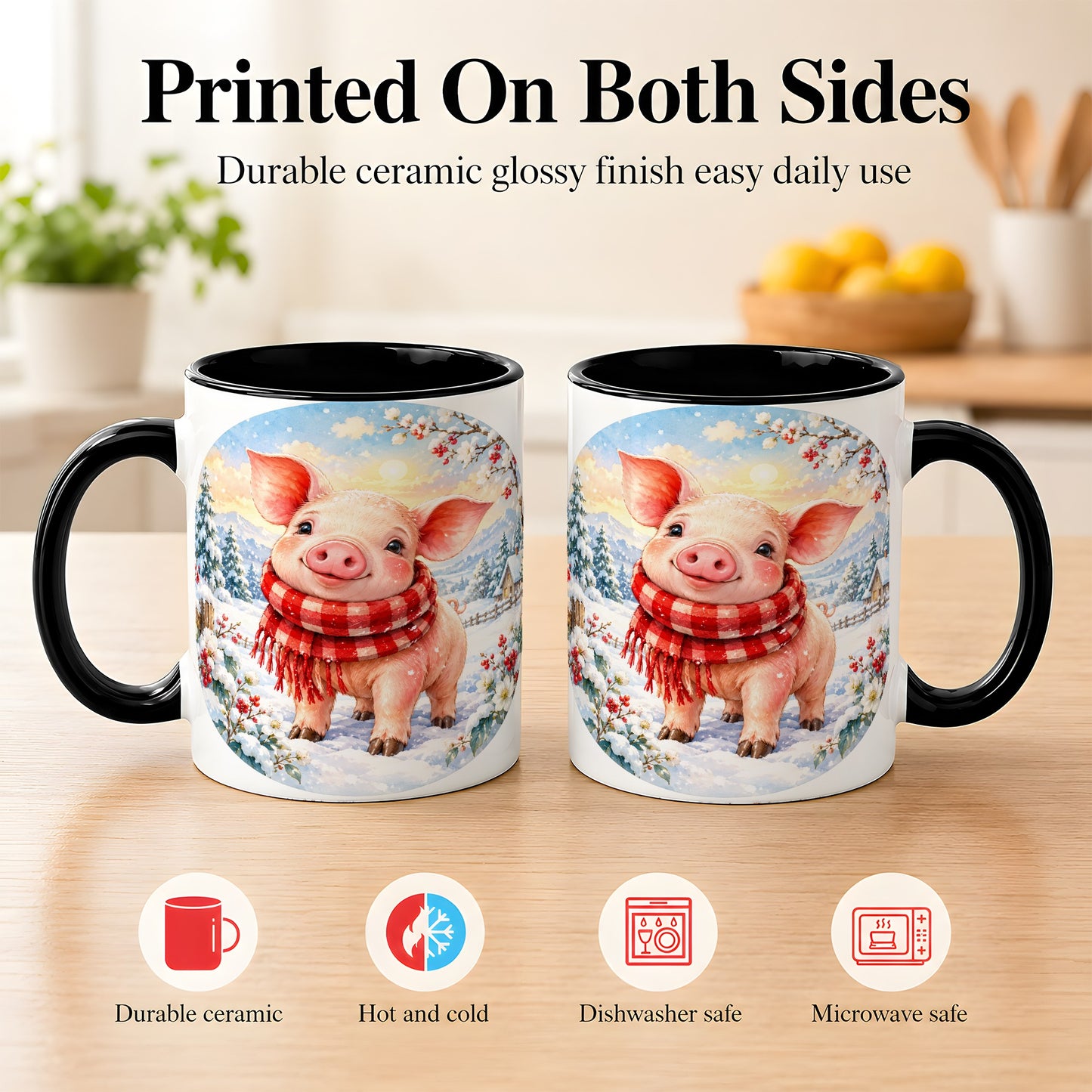 #pl[11oz|Black] Watercolor Pig Coffee Mug, Winter Pig Mug, Ceramic Cup