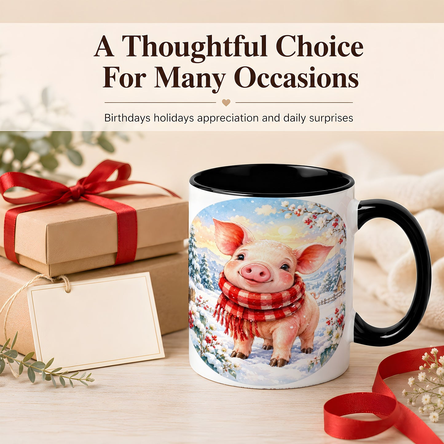 #pl[11oz|Black] Watercolor Pig Coffee Mug, Winter Pig Mug, Ceramic Cup