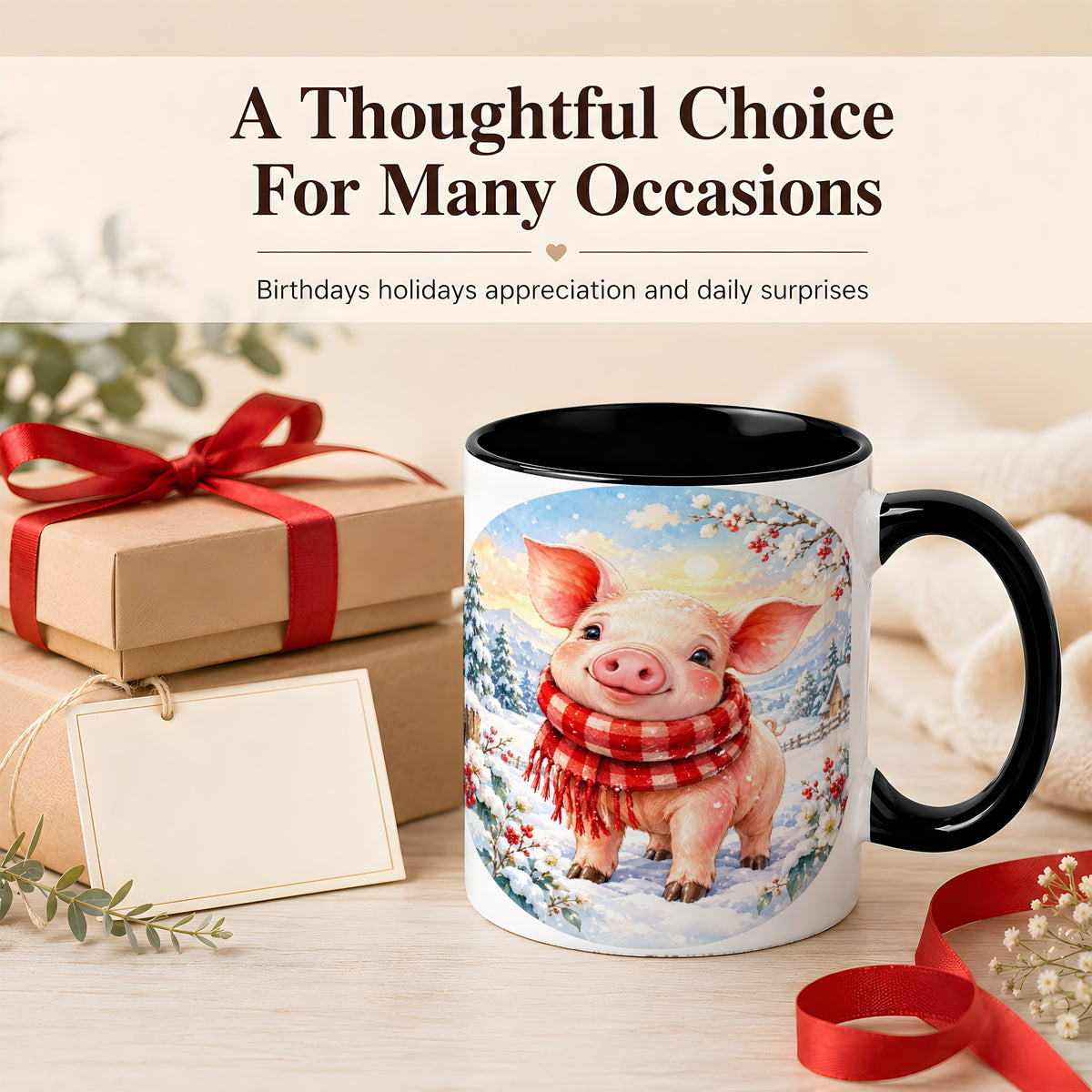 #pl[11oz|Black] Watercolor Pig Coffee Mug, Winter Pig Mug, Ceramic Cup