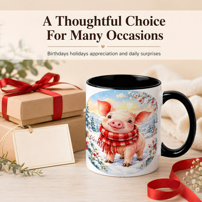 #pl[11oz|Black] Watercolor Pig Coffee Mug, Winter Pig Mug, Ceramic Cup
