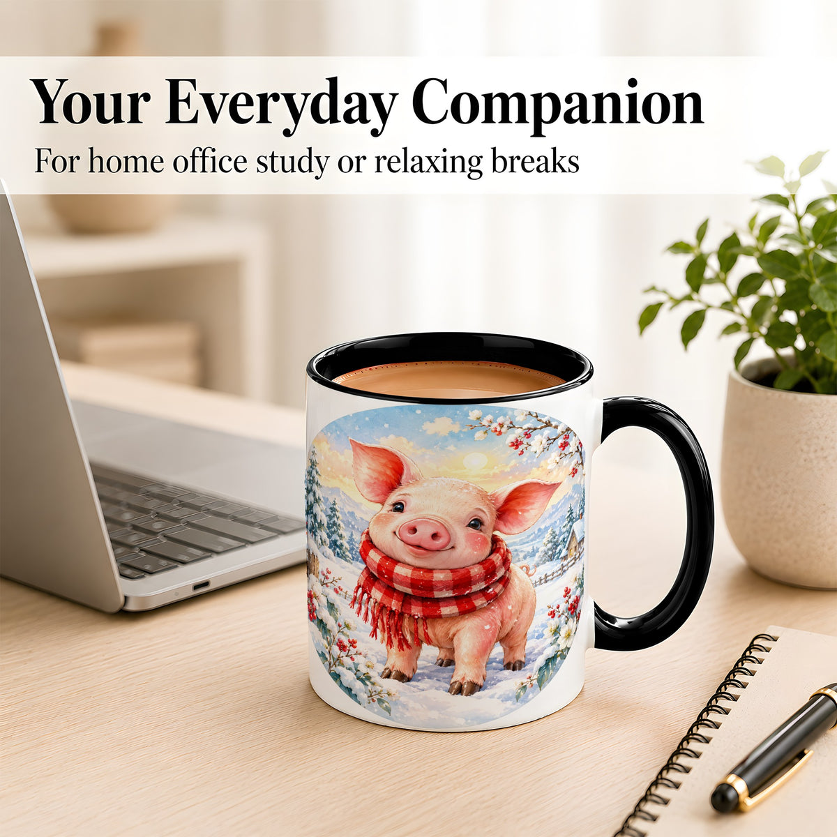 #pl[11oz|Black] Watercolor Pig Coffee Mug, Winter Pig Mug, Ceramic Cup
