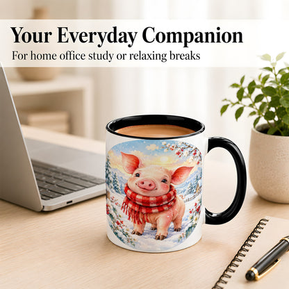 #pl[11oz|Black] Watercolor Pig Coffee Mug, Winter Pig Mug, Ceramic Cup